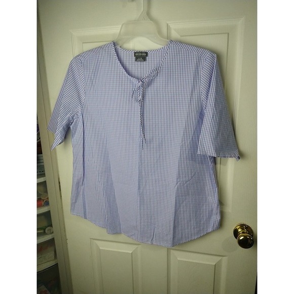 $ Van Heusen Pink Blue Gingham Short Sleeve V Neck Blouse. Size L - Picture 1 of 11
